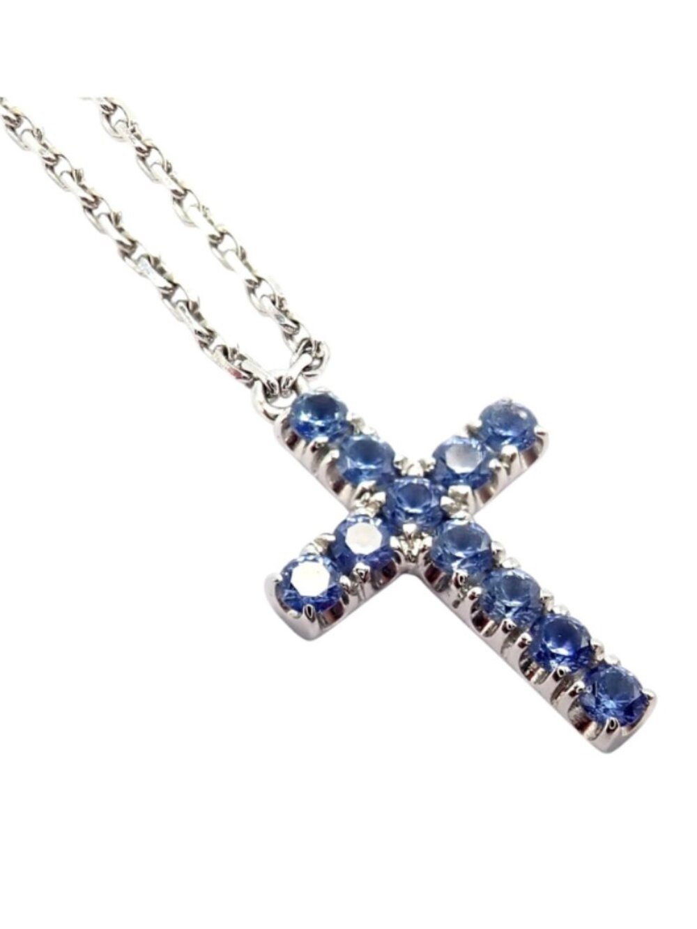Authentic! Cartier 18k White Gold Sweet Cross Blue Sapphire Pendant Necklace